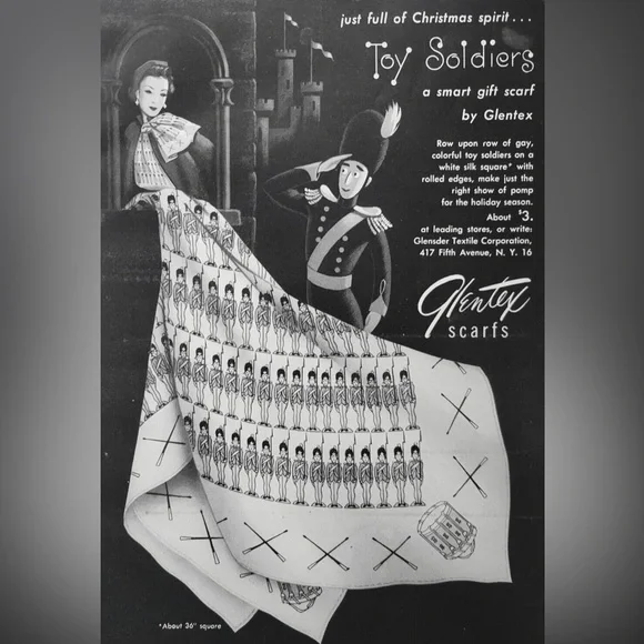 GlentexRare 40s 50s X-Mas Toy Soldiers & Drums 100% Silk Large Square Scarf
